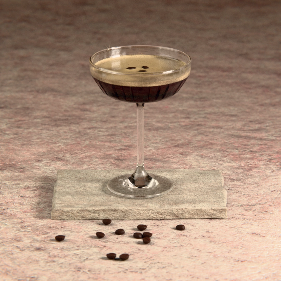 3D image of an espresso martini on a slate block