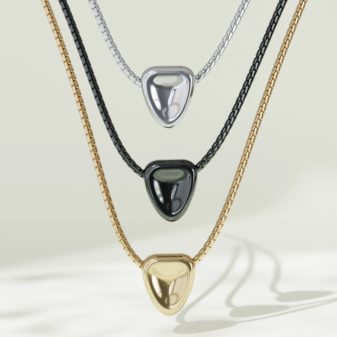 product render of necklaces with an inset diamond on simple pastel scene