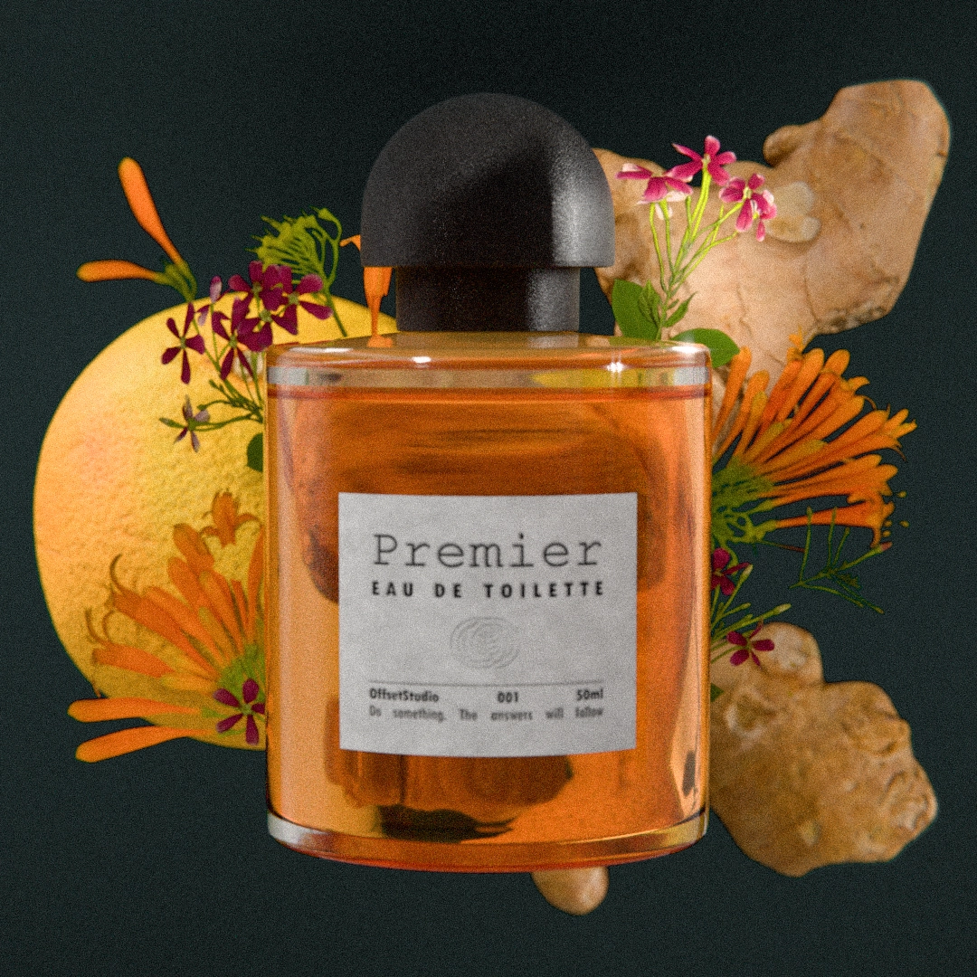 product render of an orange perfume bottle surrounded by fruit and flowers