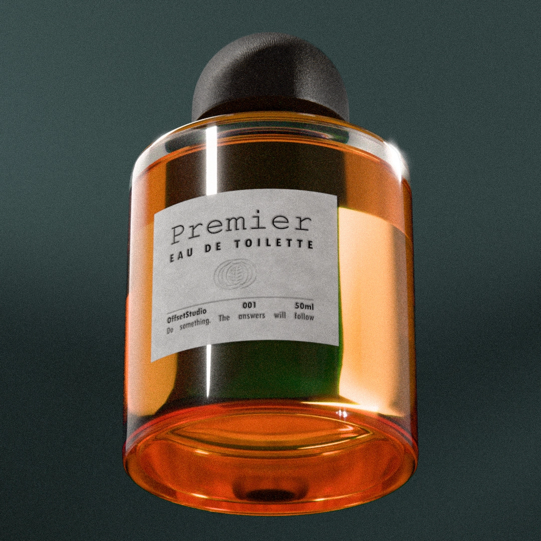 product render of an orange perfume bottle